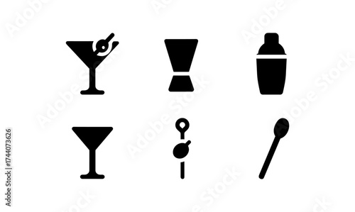 Silhouette cocktail icons set: martini, shaker, jigger, stirrer, olive
