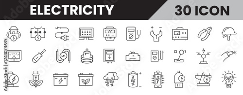 Electricity Icon Set, Line Style Electrical Tools and Energy Symbols, Power and Energy Vector Icons Pack. Editable Stroke