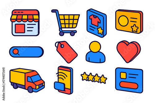 E-Commerce Icon Set. Isometric vector illustration set e-commerce and user interface design: store homepage icon, shopping cart