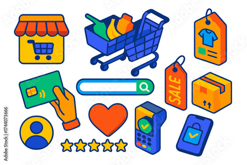 E-Commerce Icon Set. Isometric vector illustration set e-commerce and user interface design: e-market logo, shopping cart with