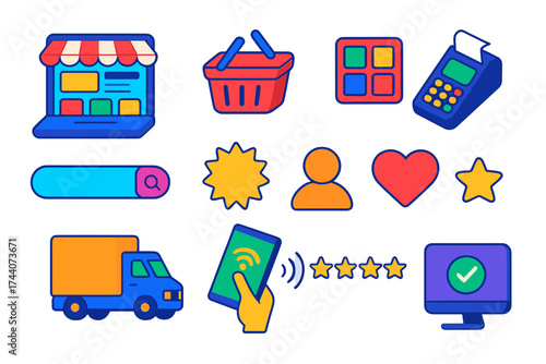 E-commerce Interface Elements. Isometric vector illustration set e-commerce and user interface design: store homepage mockup,