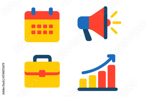 Vibrant Icons Display. No text, No labels, isolated transparent background. Use bold, bright, saturated colors – no pastels. Icons