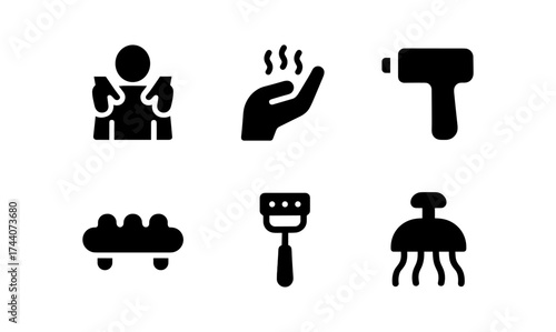 Massage therapy icons: tools and techniques in bold silhouette design