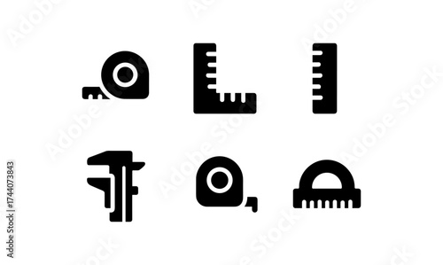 Set of measuring tool icons in black silhouette style for versatile use