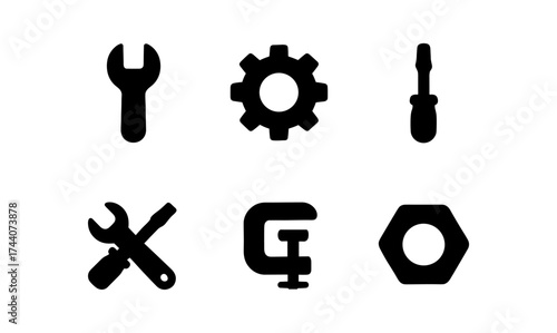 Minimalist tool icons set with wrench, gear, and screwdriver silhouettes