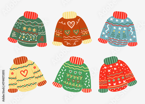 Illustration of different sweaters on a gray background.