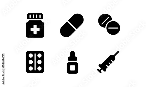 Minimalist black and white medical icons: pills, syringe, and medicine bottles