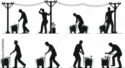 Set of utility worker silhouettes with tool cart and maintenance actions—vector illustration for infrastructure, repair, and technical service themes