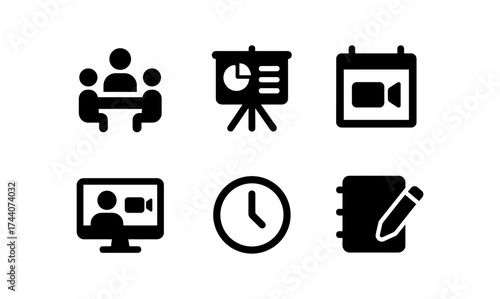 Black meeting and video conferencing icons for workplace organization