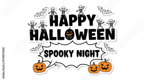 Halloween Night Spooky Art: Captivating a whimsical Halloween scene, with grinning pumpkins, grinning skull and spooky night text. it will make the viewer feel spooky.