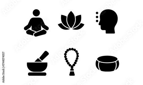 Mindfulness and meditation symbols: silhouette icons for wellness and relaxation