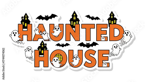 Spooky Celebration: A playful visual celebrating Halloween with a vibrant HAUNTED HOUSE graphic surrounded by cute ghosts, bats, and stylized haunted houses, all ready for a night of fun.