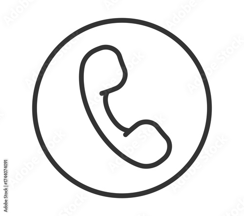 Black telephone handset icon in circular outline on white background