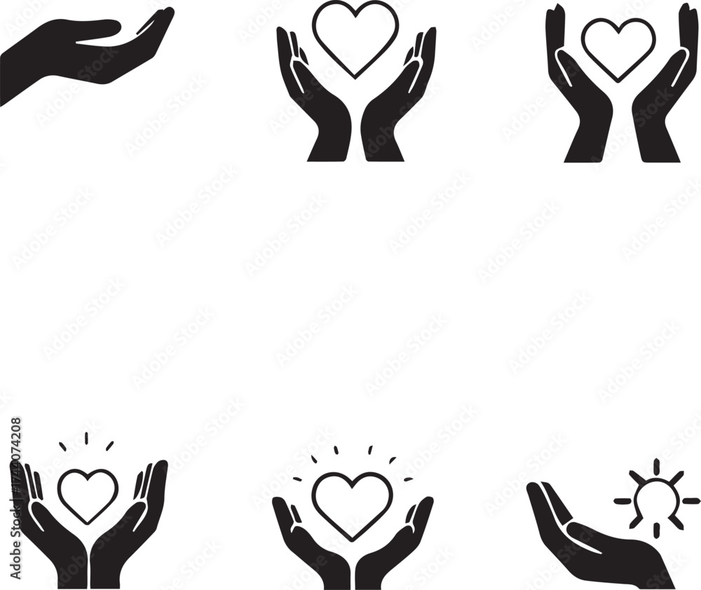 Fototapeta premium Care and inspiration icon set with hands, hearts, and light bulb in black silhouette symbolic style