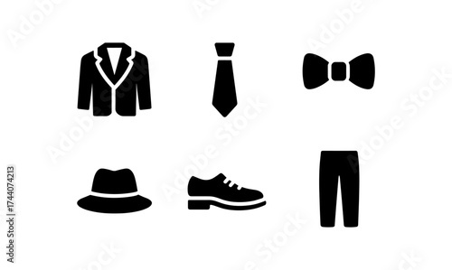 Elegant formal wear icons in minimalist black silhouette style