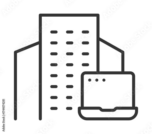 Modern office building and laptop icon illustration for business technology concept
