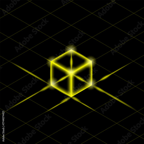 Yellow neon isometric cube glowing