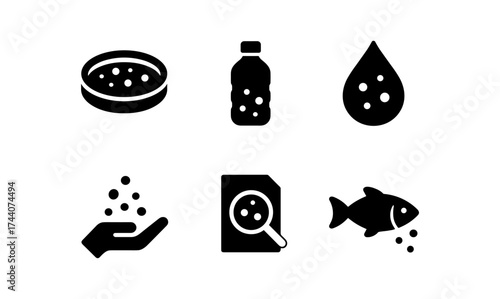 Modern black icons of fish food and aquaculture elements