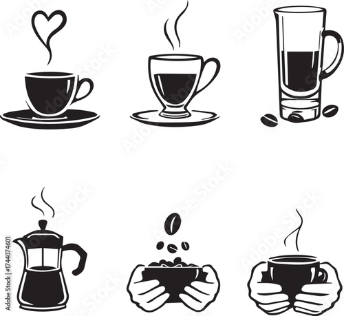 Coffee icon set with cups, moka pot, beans, hands, and steam in black silhouette lifestyle style