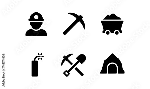 Minimalist icons set for mining and excavation tools and equipment