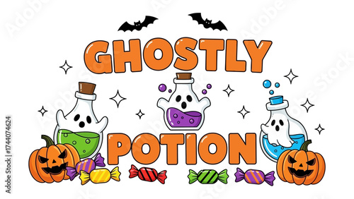 Ghostly Potion Halloween Scene: An enchanting illustration, featuring whimsical bottles filled with colorful potions, mischievous jack-o'-lanterns, and delightful candies.
