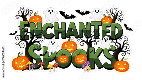 Enchanted Spooks: Spooky artwork that brings to life the essence of Halloween, capturing the playful and eerie spirit with pumpkins, ghosts, bats, and eerie trees.