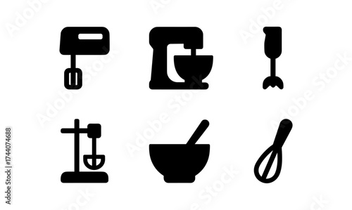 Kitchen appliance icons set featuring mixer, blender, and whisk silhouettes