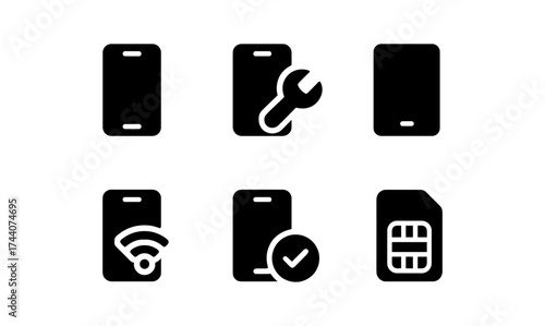 Mobile device icons: repair, connectivity, verification, and sim card in silhouette style