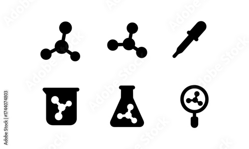 Science icons: molecule and laboratory equipment in bold silhouette style