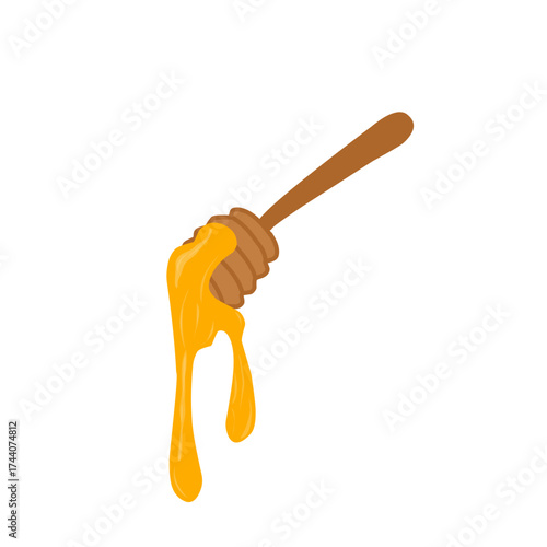 Illustration of honey dripping on a wooden spoon. Illustration of honey in a jar. Flat design of sweet honey. Illustration of dripping honey