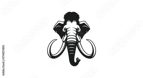 Black and white mammoth head logo on white background Keywords: mammoth, elephant, prehistoric