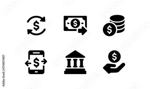 Set of minimalist finance icons featuring bank, currency, and digital transactions