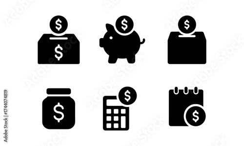 Budget icons set with money, savings, and finance symbols in silhouette style