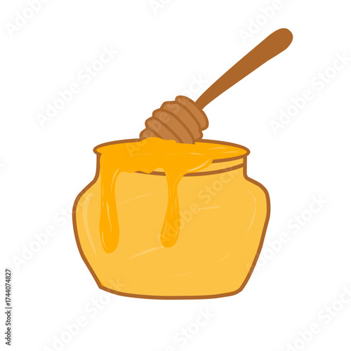 Illustration of honey dripping on a wooden spoon. Illustration of honey in a jar. Flat design of sweet honey. Illustration of dripping honey