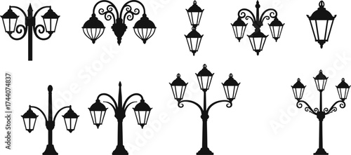Set of vintage street lamp silhouettes with ornate lanterns and scrollwork—vector illustration for classical, historical, and urban design themes