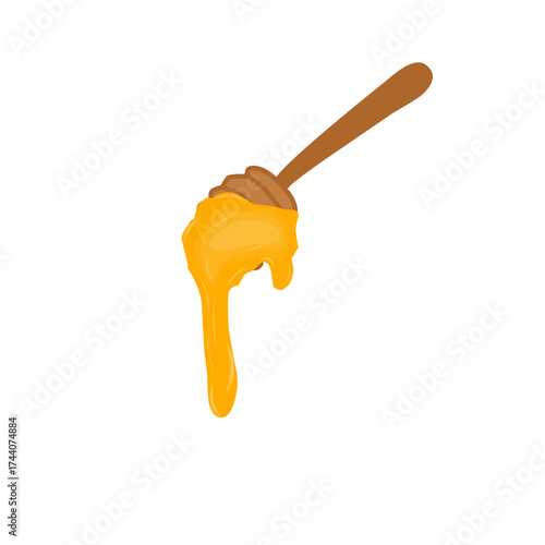 Illustration of honey dripping on a wooden spoon. Illustration of honey in a jar. Flat design of sweet honey. Illustration of dripping honey