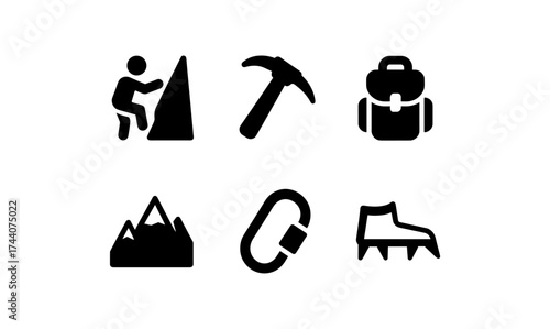 Outdoor adventure icons: climbing and hiking essentials in minimalist black silhouette style