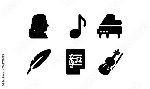 Silhouette music icons featuring composer, instruments, and notation symbols