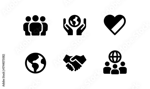 Minimalist icons representing global unity and collaboration in black and white