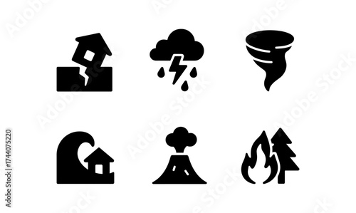 Natural disaster icons collection: earthquake, storm, tornado, wave, volcano, wildfire