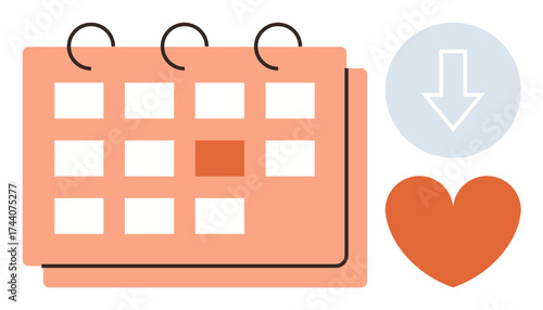 Calendar layout with highlighted date, heart icon symbolizing love or importance, and downward arrow suggesting planning, prioritization, or downloads. Ideal for time management, scheduling
