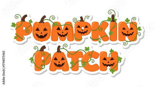 Pumpkin Patch Sign: A whimsical illustration announces the Pumpkin Patch, with each letter artfully designed as a grinning jack-o'-lantern, evoking the festive spirit of Halloween.