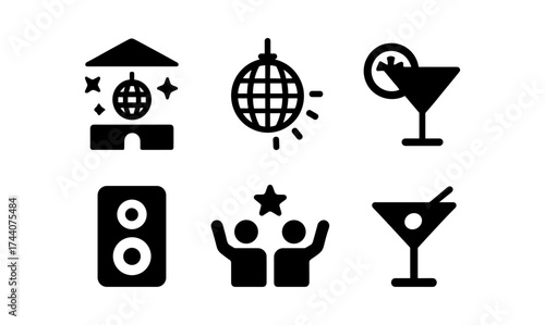 Party icons set: disco ball, cocktail, dj, dancing, and music symbols