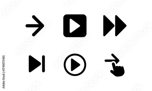 Minimalist media icons: play, pause, forward arrows and buttons set