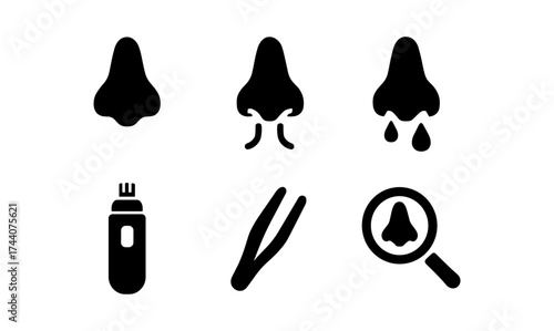 Nose care icons: grooming tools and health symbols in black silhouette