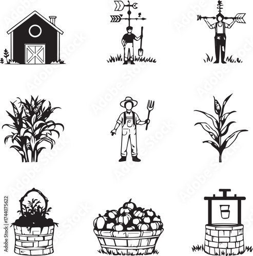 Farm icon set with barn, scarecrow, corn, farmer, baskets, and water well in black silhouette style