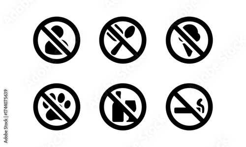 Prohibited symbol set: no entry signs for pets, smoking, eating, drinking, and more