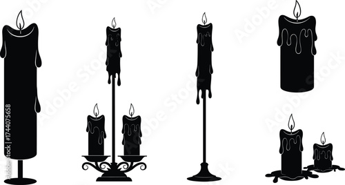 Set of candle silhouettes with wax drips and ornate holders, vintage flame designs, vector illustration for gothic, fantasy, and decor themes