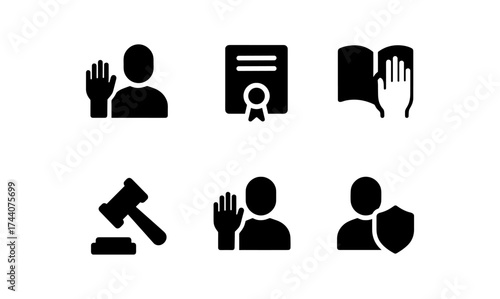 Legal and justice icons: silhouette style set with law themes