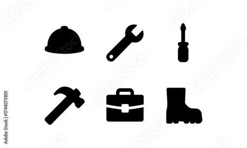 Construction tool silhouettes: helmet, wrench, screwdriver, hammer, briefcase, boot